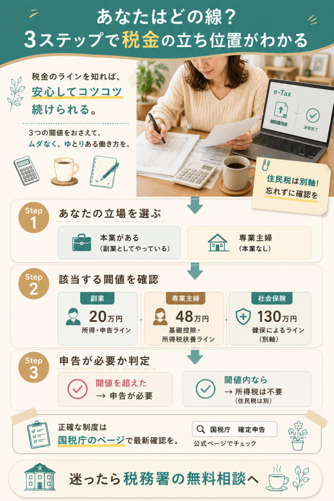 副業所得20万・専業主婦48万・社会保険130万の閾値を3ステップで判定