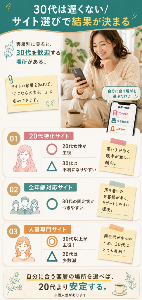 30代を歓迎するサイトと不利なサイトの客層別対比
