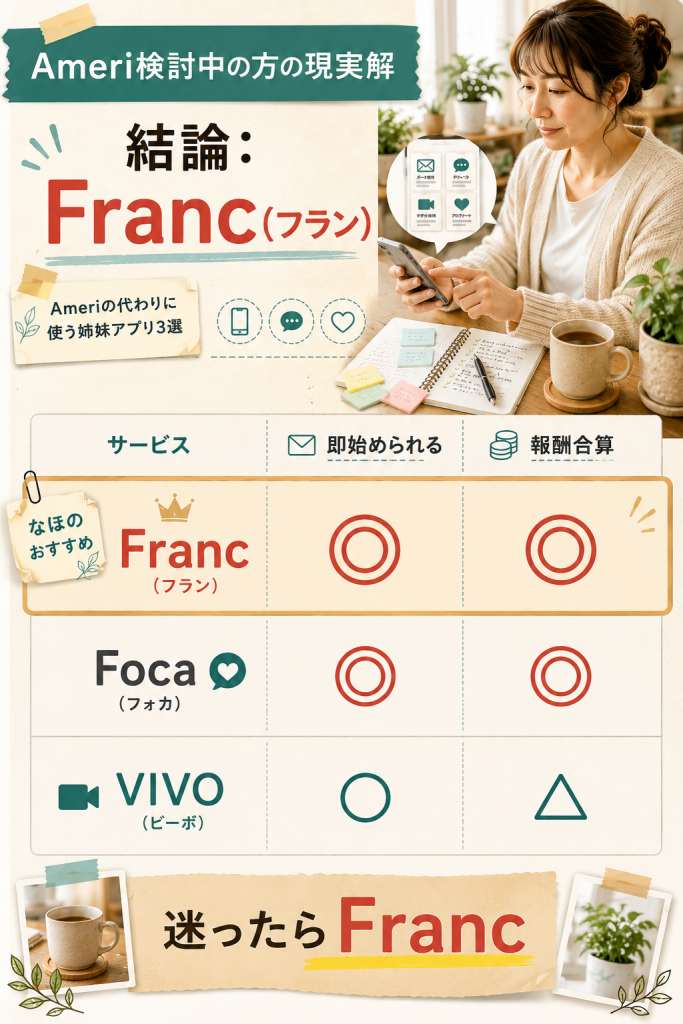 姉妹アプリFrancFocaVIVO3選の比較表結論はFrancがおすすめ図解