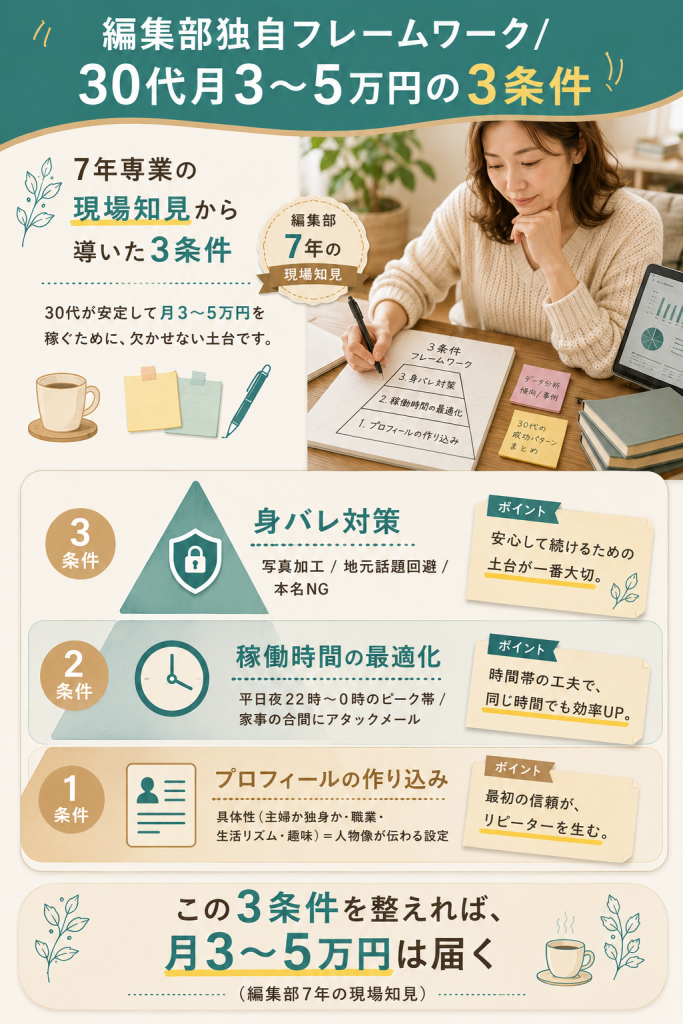 編集部独自・30代月3〜5万円を稼ぐための3条件フレームワーク