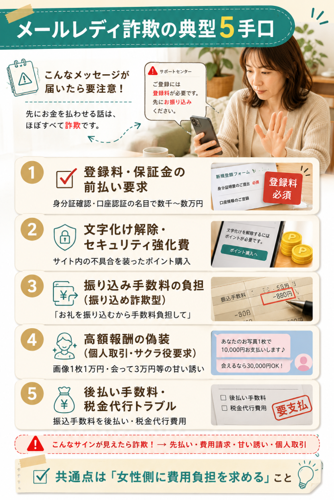 メールレディ詐欺の典型5手口を番号バッジ付きで5枚カードに整理した図解