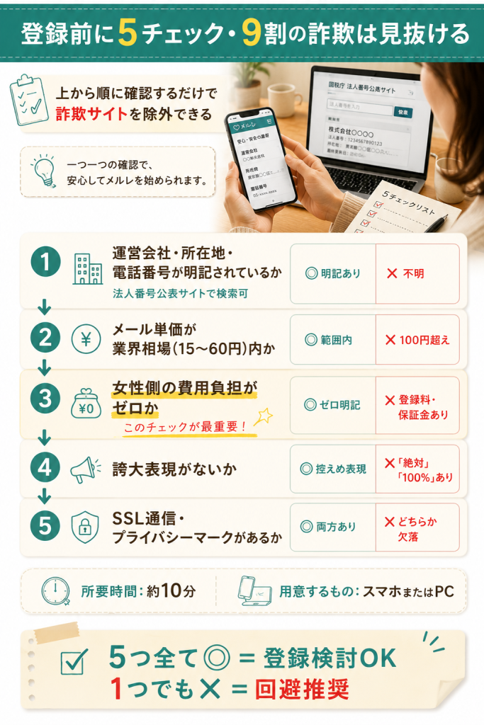 詐欺サイトの見分け方5つのチェック項目をステップフローで視覚化した図解