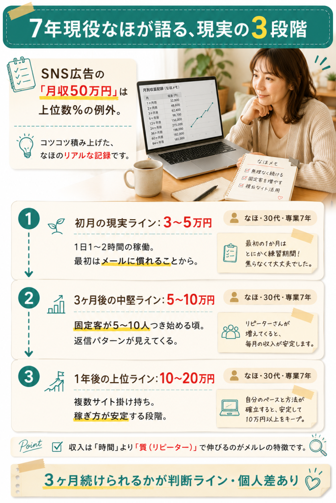 7年現役なほが体験した3段階の現実ライン(初月3-5万円・3ヶ月後5-10万円・1年後10-20万円)を整理した体験談図解