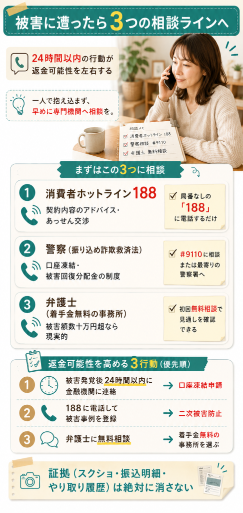 詐欺被害に遭った時の3つの相談ライン(消費者ホットライン188・警察・弁護士)と24時間以内の行動順序を整理した図解