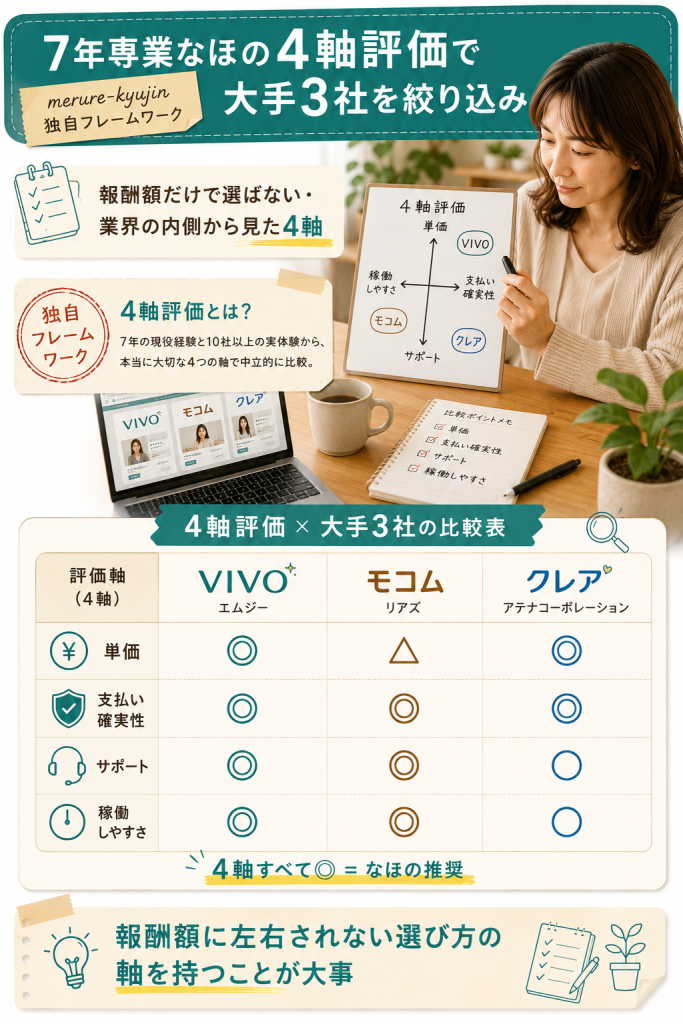 4軸評価(単価・支払い確実性・サポート・稼働しやすさ)で大手3社を比較した、merure-kyujin独自フレームワーク図解