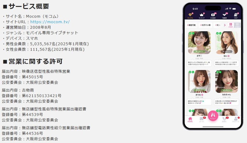 モコムが取得している営業届出番号の公式情報(映像送信型性風俗特殊営業 第45015号・大阪府公安委員会)