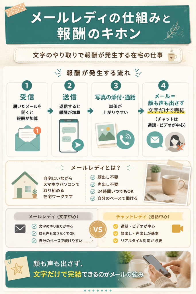 メールレディの報酬が受信・送信・写真添付ごとに発生する仕組みを示した概念図