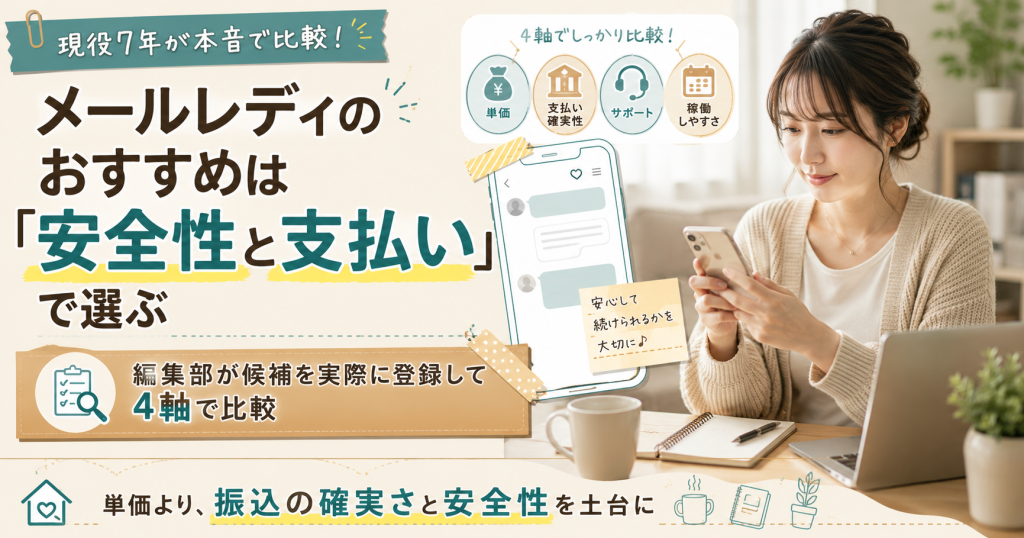 在宅でスマホを操作する女性と、安全性と支払いでメールレディを選ぶことを示すアイキャッチ図解