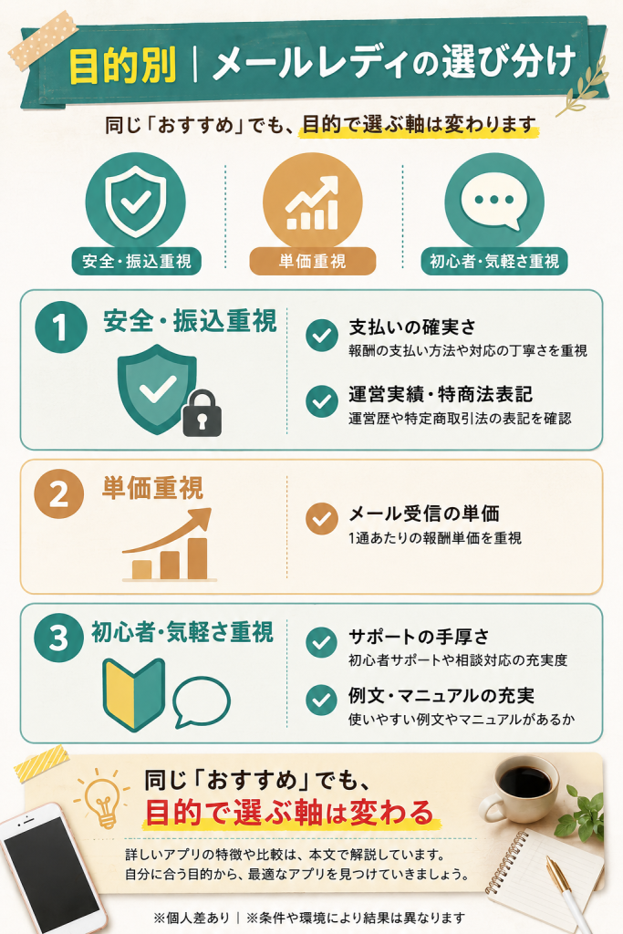 安全・振込重視/単価重視/初心者向けなど目的別に重視する軸を整理した選び分け図