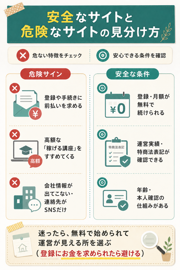 前払い請求などの危険サインと、登録無料・運営実績・本人確認など安全な条件を対比した図解