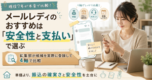 在宅でスマホを操作する女性と、安全性と支払いでメールレディを選ぶことを示すアイキャッチ図解