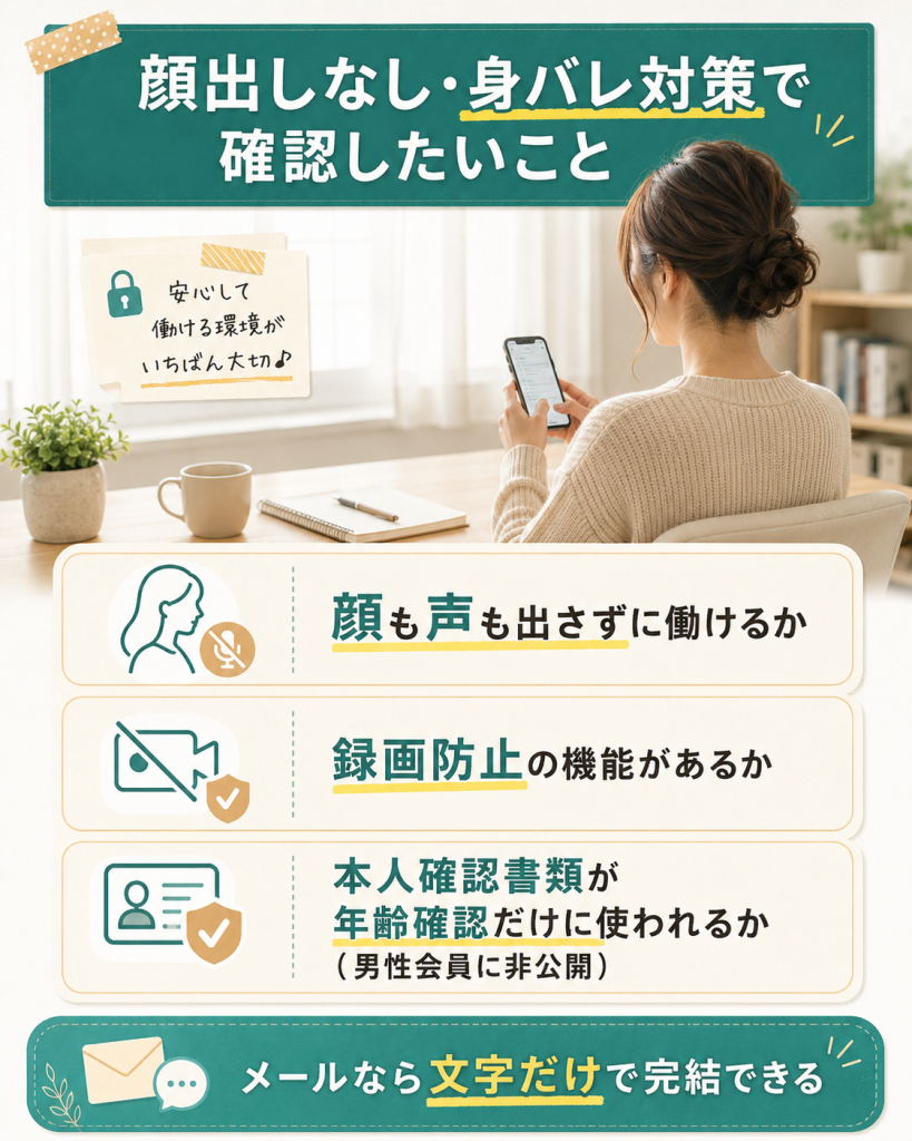 顔出しなしで働く女性の後ろ姿と、録画防止や本人確認の扱いなど身バレ対策の確認ポイント図解