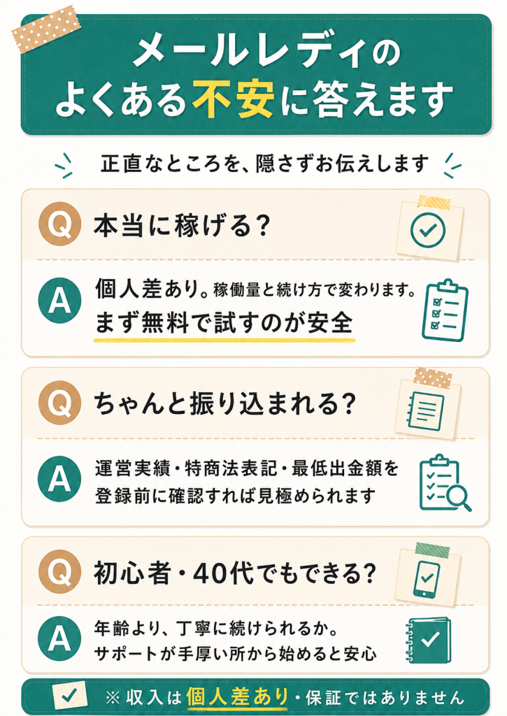 本当に稼げるか・振り込まれるかなどの不安に正直に答えるQ&A形式の図解