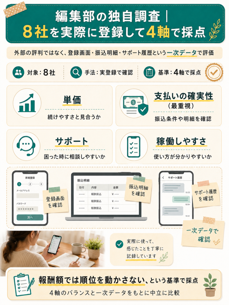 8社を実登録し単価・支払い確実性・サポート・稼働しやすさの4軸で採点した独自調査の図解